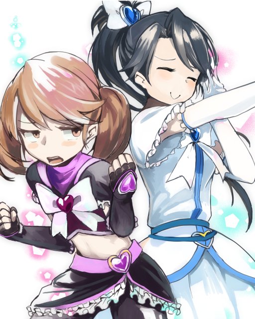 2girls alternate_costume black_gloves black_hair brown_eyes brown_hair choker clenched_hands closed_eyes commentary_request cosplay elbow_gloves fingerless_gloves gloves hair_ornament houshou_(kantai_collection) kantai_collection long_hair magical_girl multiple_girls ponytail ryuujou_(kantai_collection) smile twintails uni_(uni-strain) white_gloves