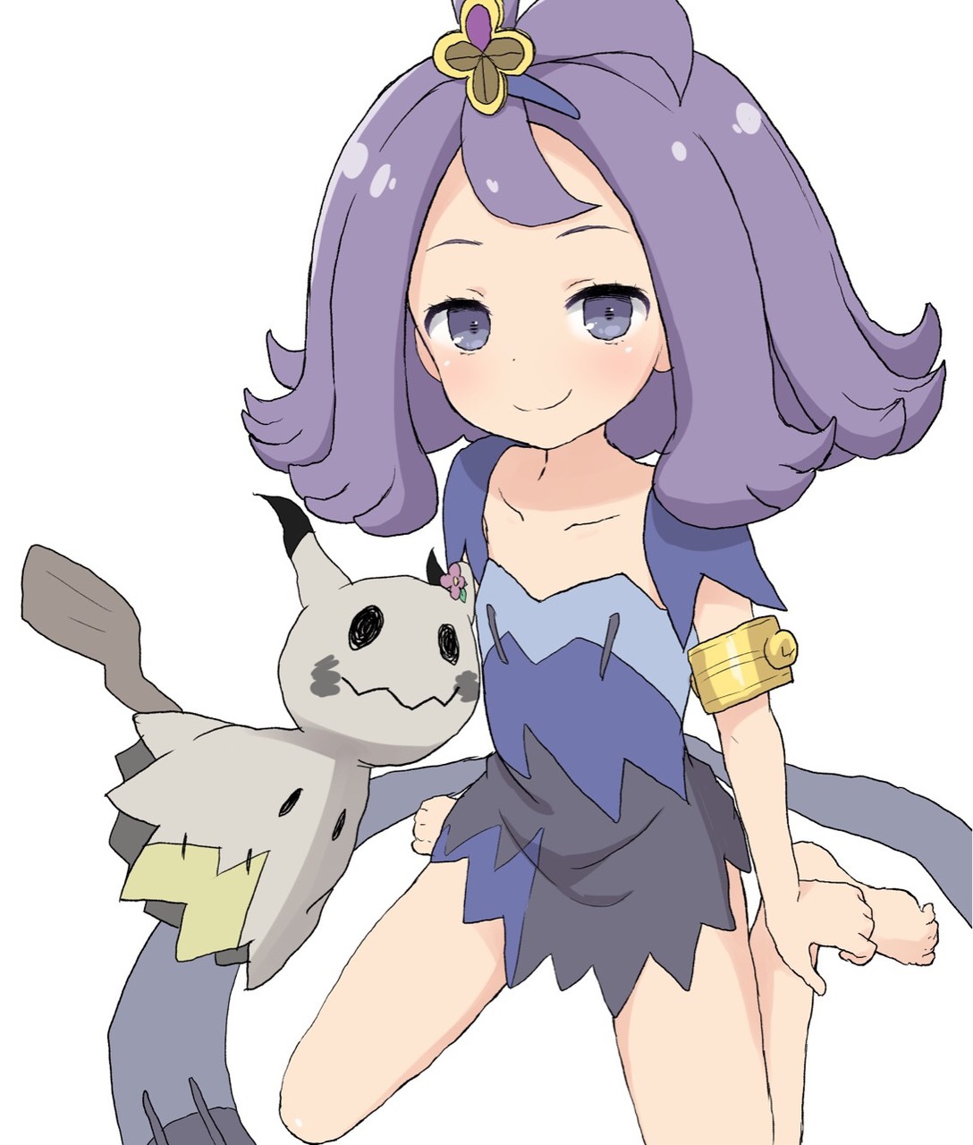 1girl acerola_(pokemon) armlet closed_mouth commentary_request dress elite_four flipped_hair gen_7_pokemon hair_ornament highres mimikyu multicolored multicolored_clothes multicolored_dress pokemon pokemon_(anime) pokemon_(creature) pokemon_sm_(anime) purple_hair short_hair simple_background smile solo stitches trial_captain violet_eyes white_background yakihebi