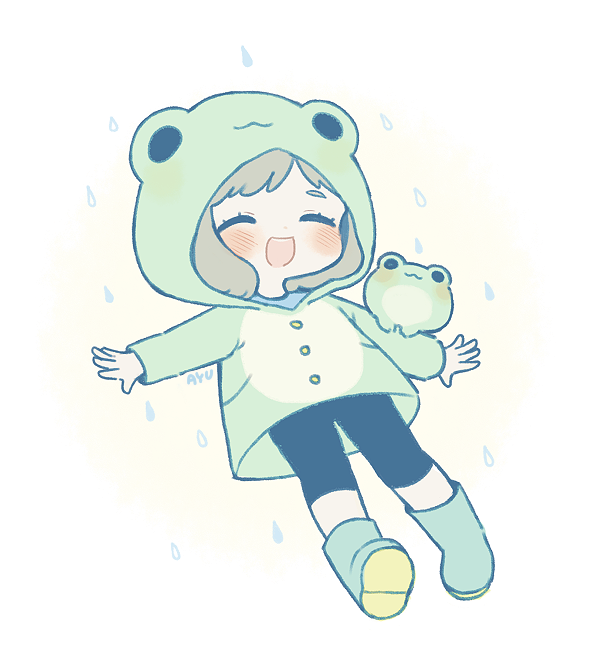 1girl :3 :d animal_hood animal_on_arm ayu_(mog) bike_shorts black_border blush boots border brown_hair chibi closed_eyes facing_viewer frog frog_hood green_footwear grey_background hood hood_up long_sleeves open_mouth original outstretched_arms rain raincoat rubber_boots signature simple_background smile solo spread_arms