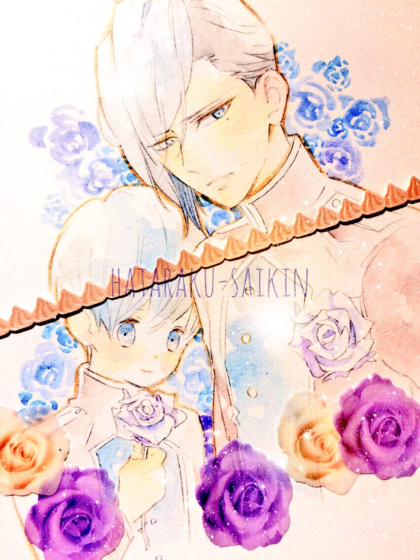 2boys bifidobacterium_bifidum_(hataraku_saikin) blue_eyes blue_hair bob_cut closed_mouth copyright_name flower hataraku_saibou hataraku_saikin looking_at_viewer male_focus mole mole_under_eye multiple_boys rose traditional_media uniform upper_body watercolor_(medium) white_hair yoshida_haruyuki