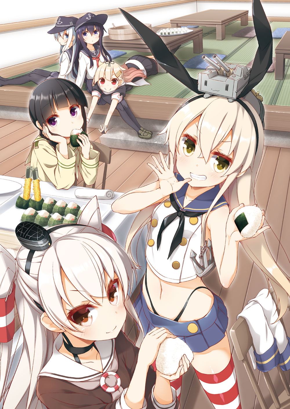 6+girls akatsuki_(kantai_collection) amatsukaze_(kantai_collection) black_hair black_hat black_ribbon blonde_hair blue_eyes braid brown_eyes flat_cap food grin hair_between_eyes hair_flaps hair_ribbon hair_tubes hat hibiki_(kantai_collection) highres holding holding_food kantai_collection kitakami_(kantai_collection) long_hair multiple_girls onigiri purple_hair red_eyes remodel_(kantai_collection) rensouhou-chan ribbon shimakaze_(kantai_collection) silver_hair single_braid smile two_side_up violet_eyes windsock yellow_eyes yume_no_owari yuudachi_(kantai_collection)