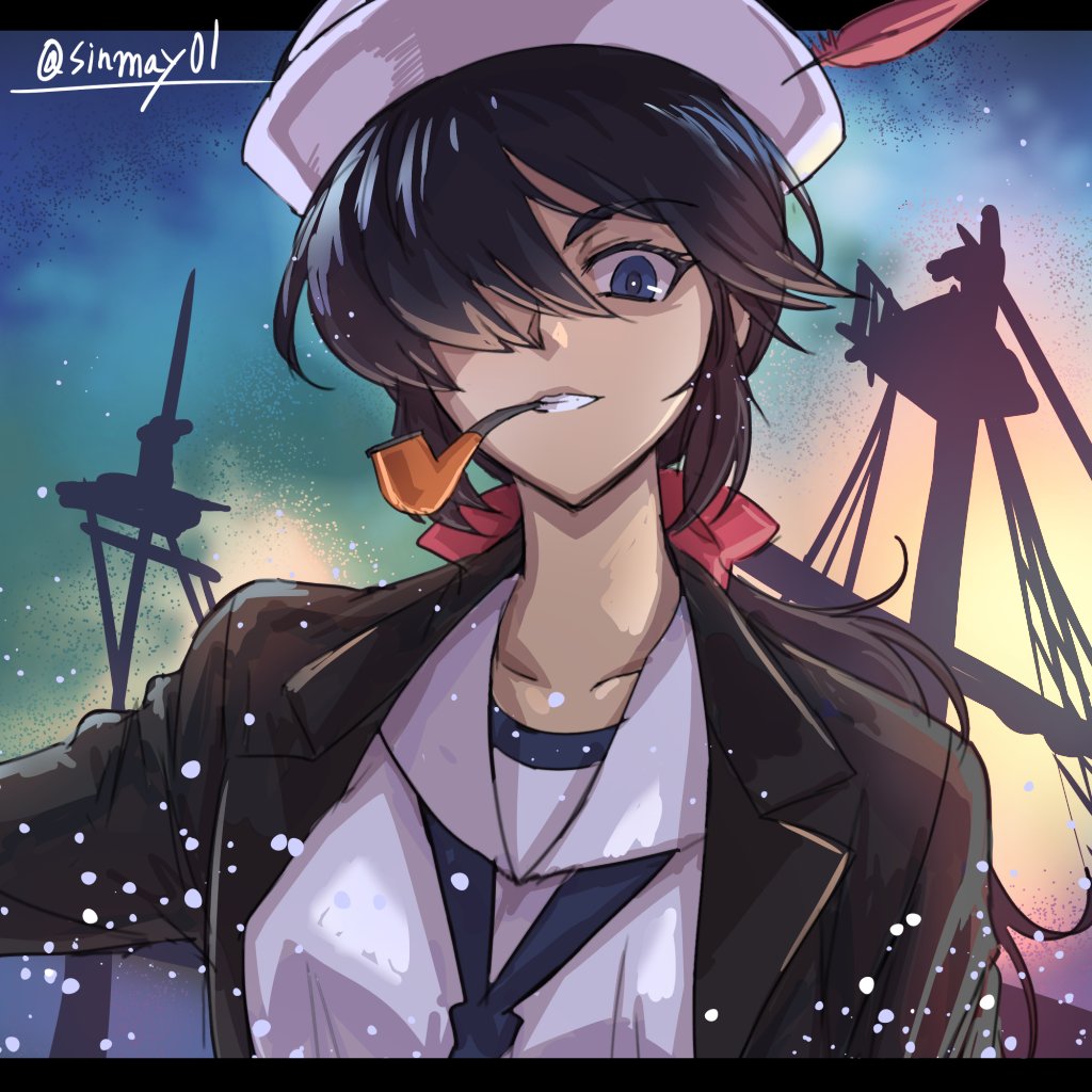 1girl bangs black_coat black_eyes black_hair blouse bow coat commentary dark_skin dixie_cup_hat droplet girls_und_panzer grin hair_bow hair_over_one_eye hat hat_feather letterboxed long_hair long_sleeves looking_at_viewer military_hat mouth_hold navy_blue_neckwear neckerchief ogin_(girls_und_panzer) ooarai_naval_school_uniform open_clothes open_coat pipe ponytail red_bow sailor sailor_collar school_uniform shinmai_(kyata) ship smile solo standing twitter_username watercraft white_blouse white_hat