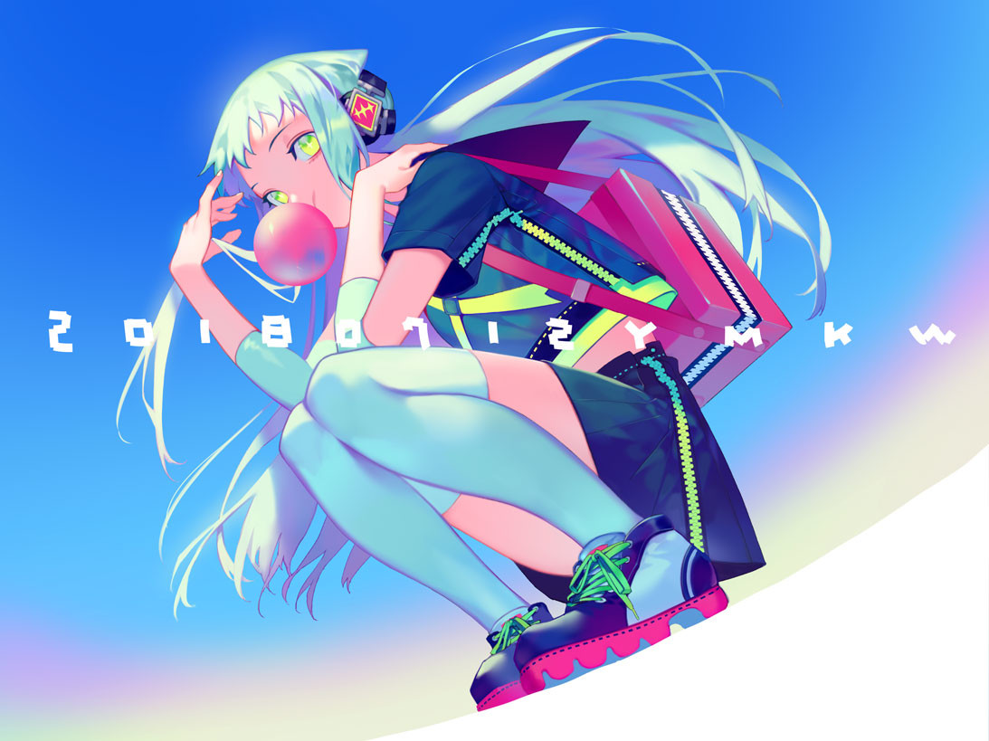 1girl backpack bag black_skirt blue_hair blue_legwear blue_sky bubble_blowing chewing_gum commentary_request copyright_request dated floating_hair green_eyes headphones legs_together long_hair looking_at_viewer sailor_collar shoes short_sleeves skirt sky solo squatting thigh-highs yamakawa