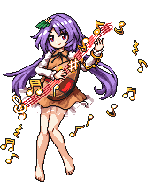 1girl barefoot beamed_eighth_notes biwa_lute brown_dress double_dealing_character dress eighth_note flower hair_flower hair_ornament instrument lavender_hair low_twintails lowres lute_(instrument) music musical_note note pixel_art playing_instrument purple_hair simple_background smile solo takorin touhou tsukumo_benben twintails