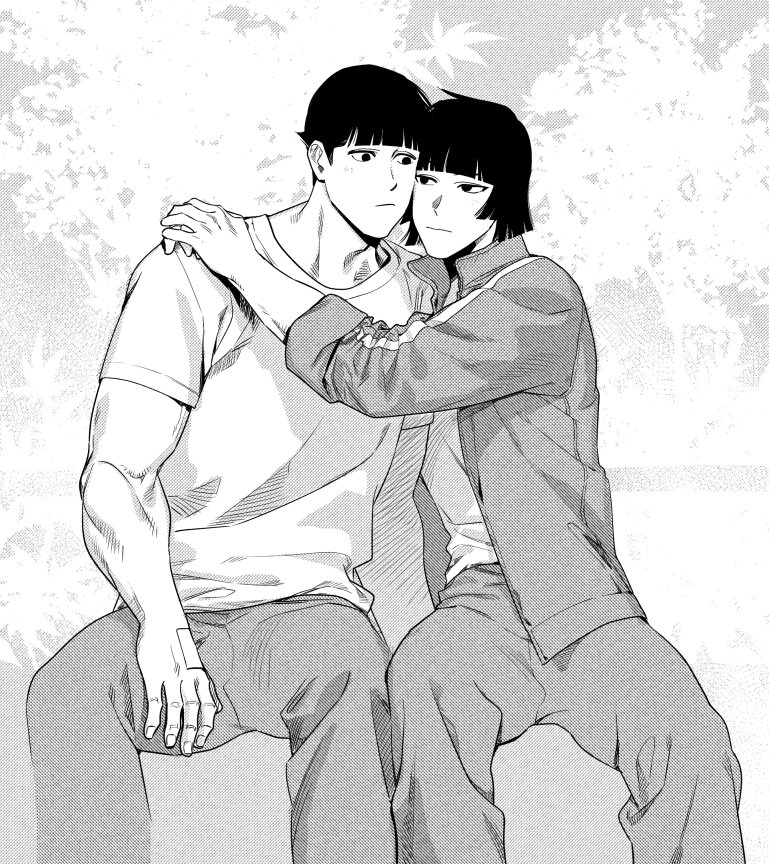 1boy 1girl background bandaid black_hair bowl_cut cheek-to-cheek couple gyeoggi_3_ban hong_sung-ah hug jacket kang_hyun-wu muscle pants shirt short_hair sitting smoking_gum t-shirt track_pants