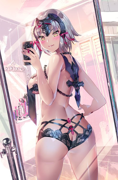 1girl aguy alternate_costume ass back bangs blush breasts cellphone chains cleavage eyebrows_visible_through_hair fate/grand_order fate_(series) from_behind headpiece holding holding_phone indoors jeanne_d'arc_(alter)_(fate) jeanne_d'arc_(fate)_(all) lace large_breasts lingerie looking_at_viewer looking_back makeup mirror phone red_ribbon reflection ribbon self_shot sideboob silver_hair smartphone smile solo taking_picture tile_floor tiles underwear yellow_eyes