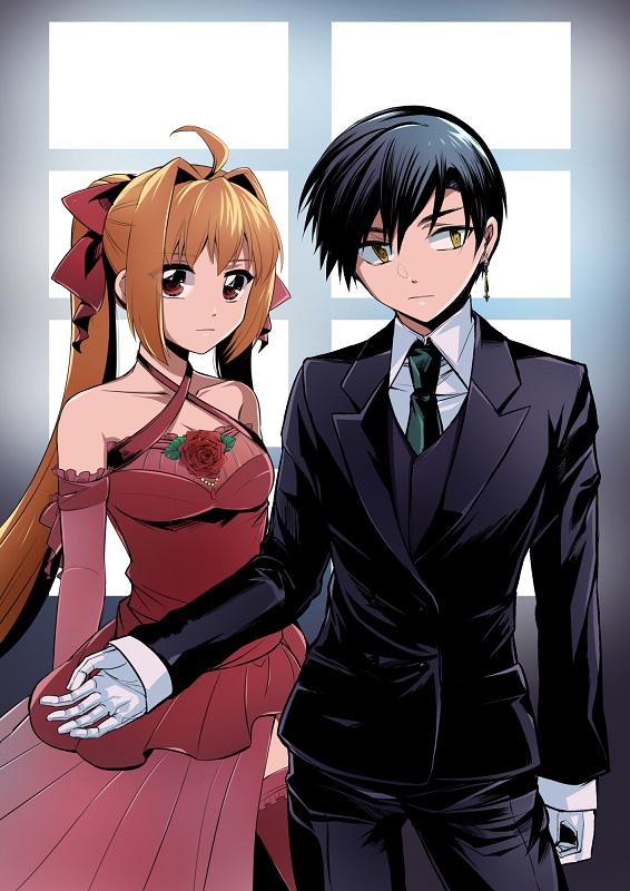 1boy 1girl ahoge alternate_costume bare_shoulders black_hair black_suit bow breasts brown_hair cleavage collarbone collared_shirt cowboy_shot dress earrings eiyuu_densetsu estelle_bright flower formal gloves hair_bow jewelry joshua_astray long_hair long_sleeves looking_at_viewer looking_away medium_breasts necktie pants red_dress red_eyes red_legwear rose shirt short_hair sora_no_kiseki suit thigh-highs twintails white_gloves window yellow_eyes yuuki_(1964811)