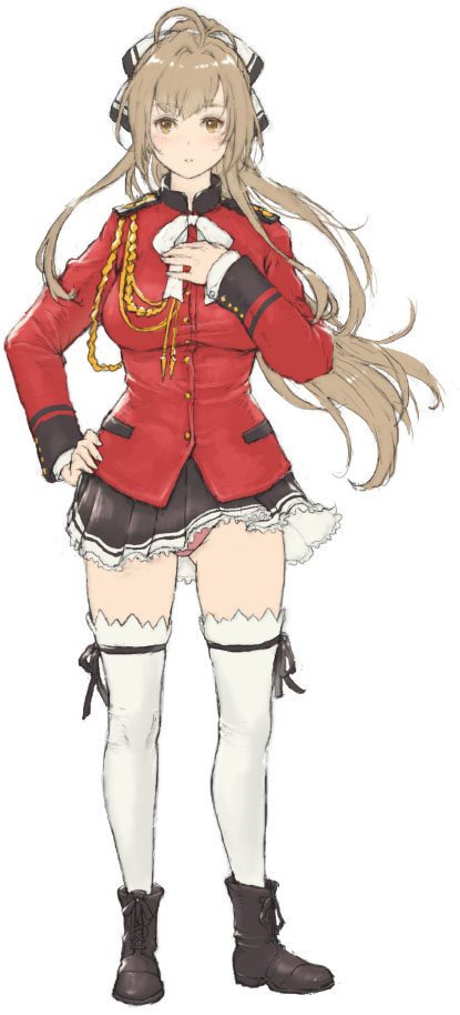 1girl ahoge amagi_brilliant_park bangs black_ribbon black_skirt boots brown_eyes brown_footwear frilled_skirt frills full_body gluteal_fold hair_ribbon hand_on_hip hand_on_own_chest iwauchi_tomoki jacket light_blush light_brown_hair long_hair long_sleeves looking_at_viewer panties pantyshot pantyshot_(standing) parted_lips pink_panties pleated_skirt red_jacket ribbon sento_isuzu skirt skirt_lift solo standing thigh-highs underwear white_legwear wind wind_lift