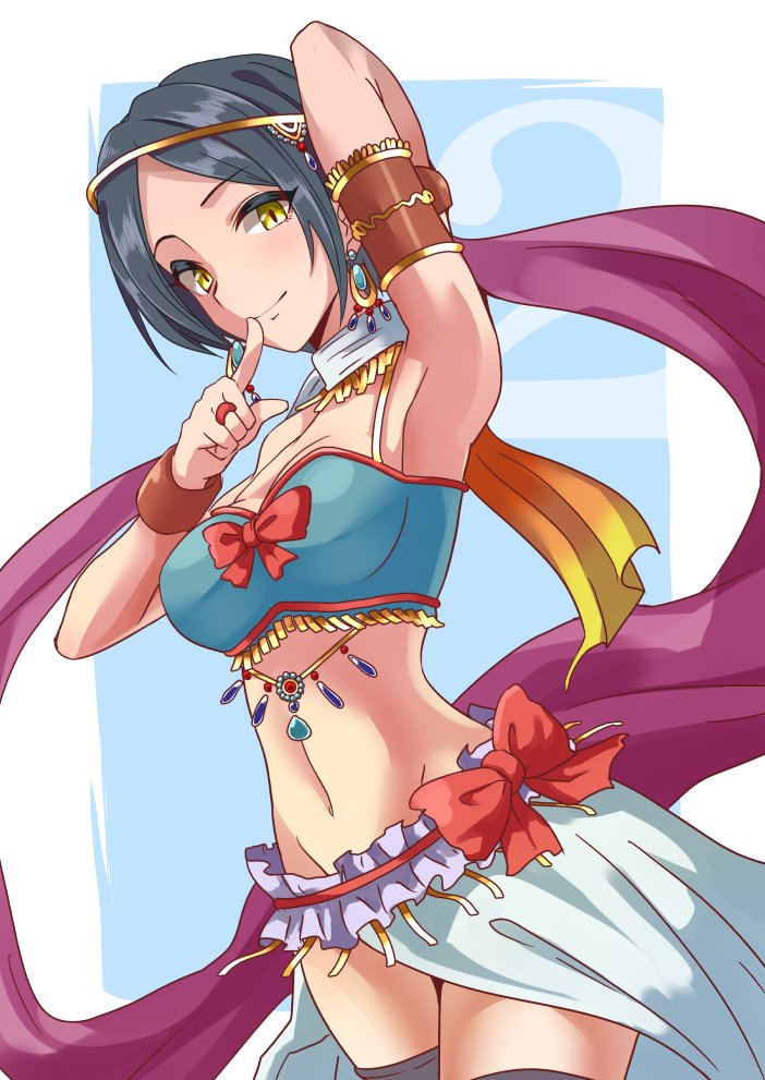 1girl arm_up armlet armpits bangs black_legwear blue_background blue_hair bow bracelet breasts circlet cloth commentary_request cosplay cowboy_shot dancer finger_to_mouth hayami_kanade idolmaster idolmaster_cinderella_girls jewelry large_breasts light_smile long_skirt looking_at_viewer midriff natalia_(idolmaster) natalia_(idolmaster)_(cosplay) navel parted_bangs short_hair simple_background skirt sleeveless solo thigh-highs white_skirt yellow_eyes youhei_(testament)