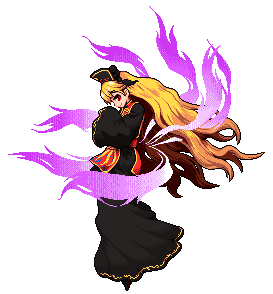 1girl black_dress blonde_hair chinese_clothes dress full_body hat junko_(touhou) legacy_of_lunatic_kingdom long_hair looking_at_viewer lowres multiple_tails orange_hair pixel_art polos_crown red_eyes simple_background smile solo tabard tail takorin touhou wide_sleeves