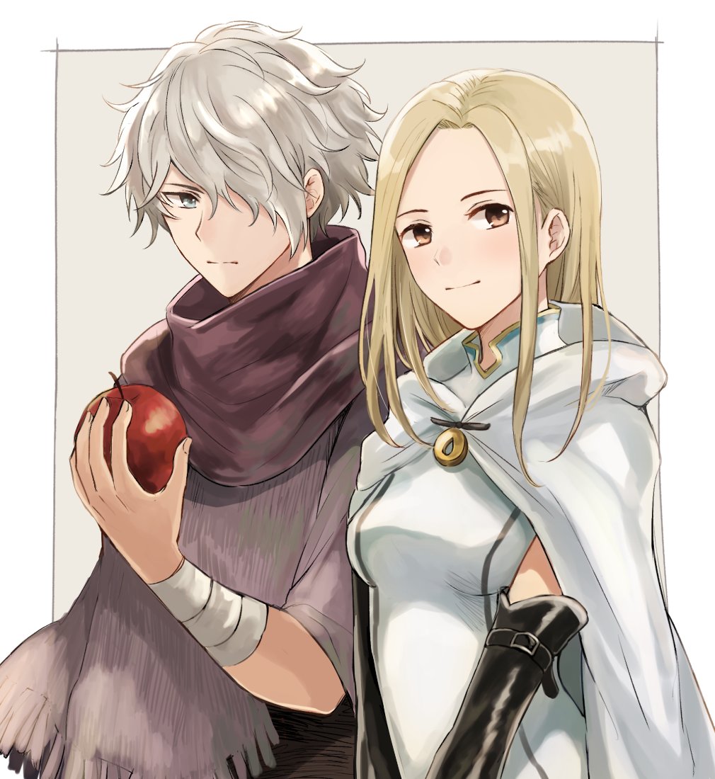 1boy 1girl apple blonde_hair blue_eyes dress food fruit gloves hair_over_one_eye jewelry looking_at_viewer octopath_traveler ophilia_(octopath_traveler) scarf short_hair simple_background smile therion_(octopath_traveler) white_hair wspread