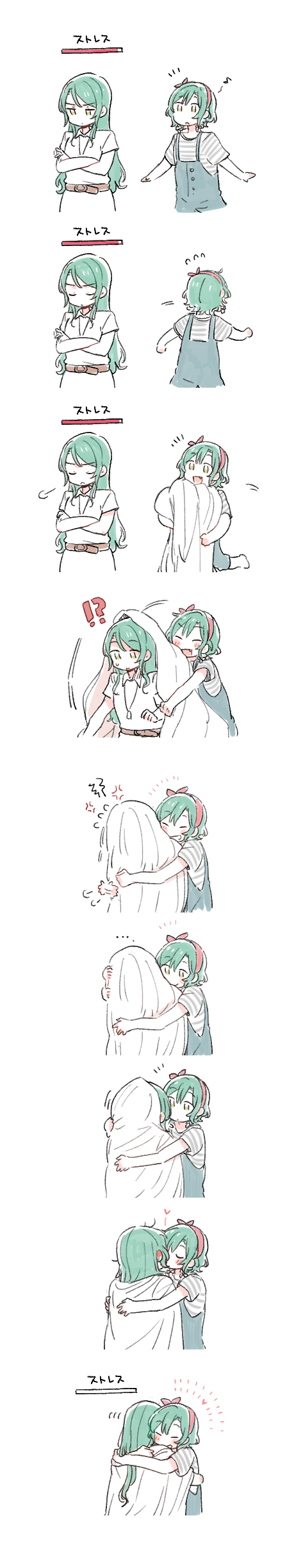 ... 2girls :d =3 absurdres anger_vein aqua_hair bang_dream! bed_sheet belt bowwow_(hamju94) closed_eyes crossed_arms flying_sweatdrops green_eyes hairband heart highres hikawa_hina hikawa_sayo hug incest jewelry kiss long_hair long_image multiple_girls musical_note notice_lines open_mouth overalls pendant shirt short_hair short_sleeves siblings sisters smile striped striped_shirt sulking tall_image twincest twins u_u v-shaped_eyebrows yuri