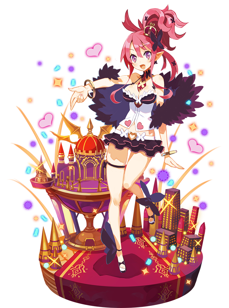 1girl :d ankle_bow ankle_ribbon bare_legs between_breasts black_footwear black_skirt bow bracelet breasts castle cleavage crown disgaea faux_figurine feather_boa full_body harada_takehito heart jewelry looking_at_viewer makai_senki_disgaea_5 makai_wars medium_breasts miniskirt navel necktie necktie_between_breasts official_art open_mouth pink_hair pointy_ears ponytail red_neckwear ribbon sandals seraphina_(disgaea) short_hair sidelocks skirt smile solo standing violet_eyes
