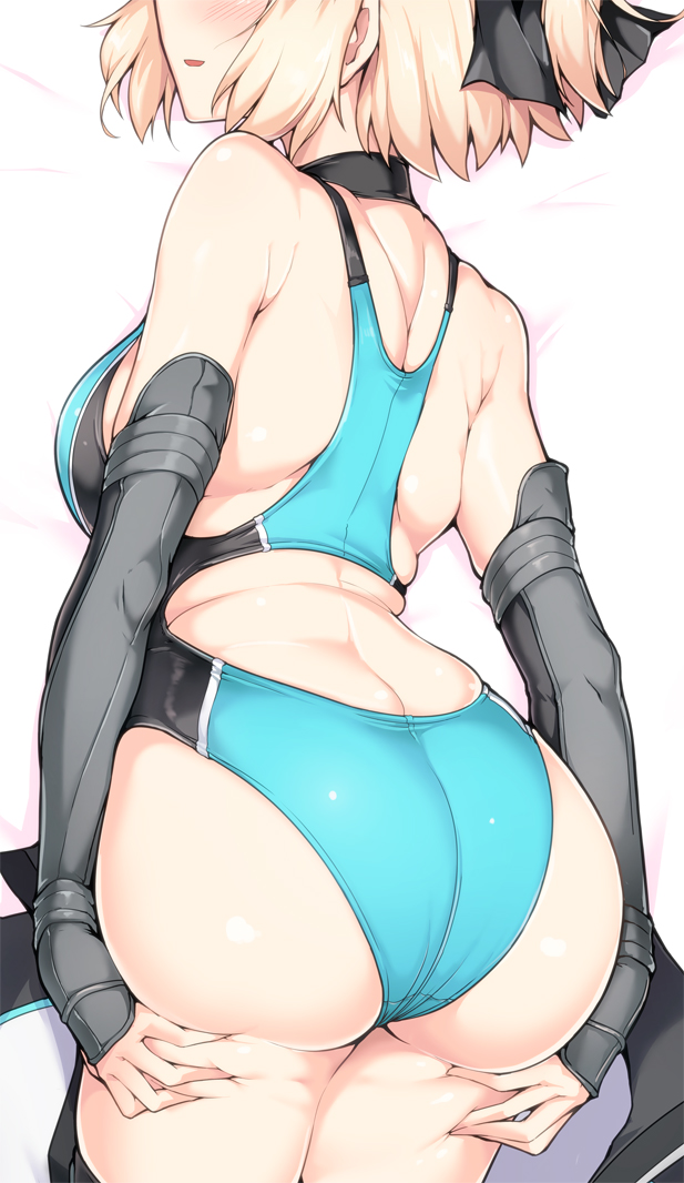 1girl back bare_shoulders black_choker black_ribbon blonde_hair blue_swimsuit blush breasts choker cowboy_shot dakimakura deep_skin elbow_gloves fate/grand_order fate_(series) from_behind gloves hair_ribbon harukon_(halcon) head_out_of_frame large_breasts legs_together lying okita_souji_(fate) okita_souji_(fate)_(all) on_stomach one-piece_swimsuit parted_lips ribbon short_hair smile solo swimsuit