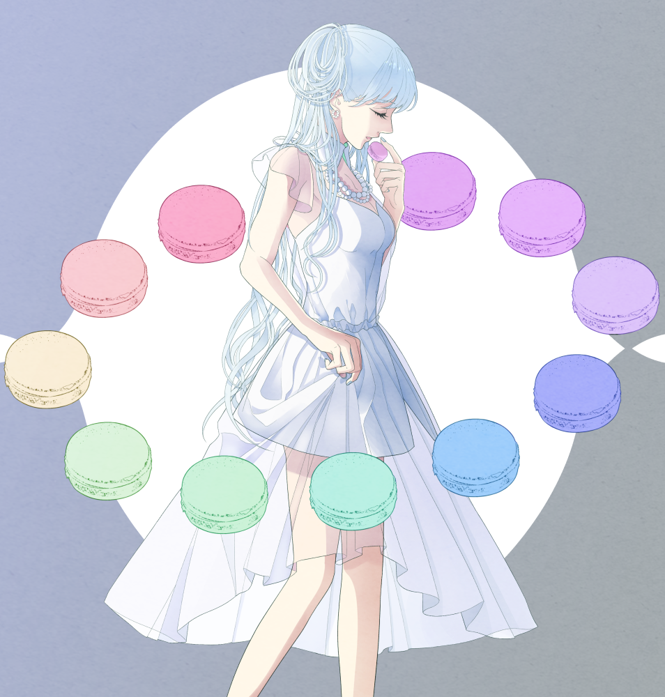 1girl bangs blue_hair blue_nails detached_collar dress earrings eating food hair_rings hatsune_miku jewelry long_hair macaron nail_polish necklace pearl_necklace see-through short_sleeves solo very_long_hair vocaloid white_dress