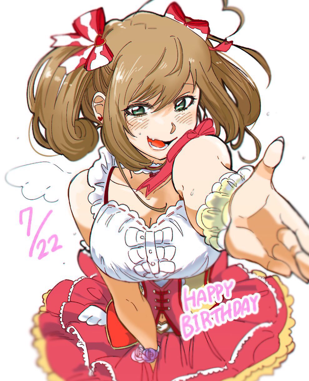 1girl ahoge bangs bare_shoulders between_legs bow breasts brown_hair choker commentary corset cowboy_shot dated drawn_wings dress earrings fingernails frilled_choker frilled_dress frills green_eyes hair_bow hand_between_legs happy_birthday heart heart_ahoge heart_earrings highres hirose-chan_(unko_tabechan) idol idolmaster idolmaster_cinderella_girls jewelry large_breasts lower_teeth navel navel_cutout open_mouth open_palm reaching_out satou_shin sleeveless sleeveless_dress solo stud_earrings sweat twintails white_background wrist_cuffs
