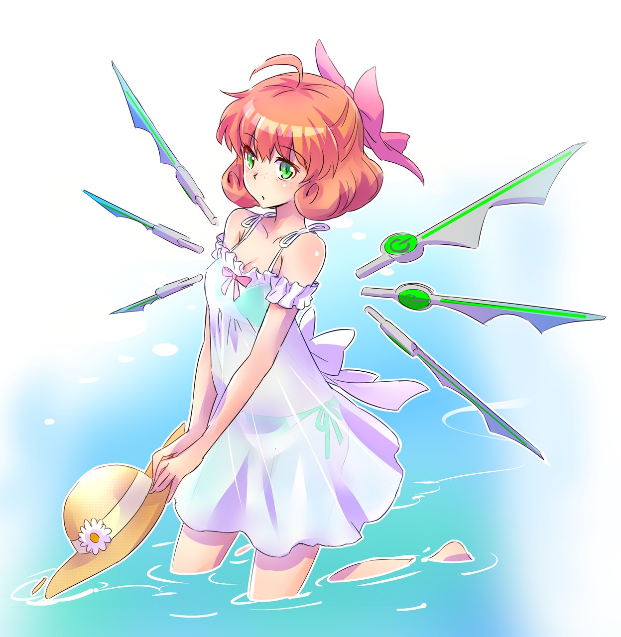 1girl ahoge bow commentary dress floating floating_object freckles green_eyes hair_bow hat highres iesupa orange_hair penny_polendina rwby see-through soaking_feet solo sun_hat sundress sword water weapon