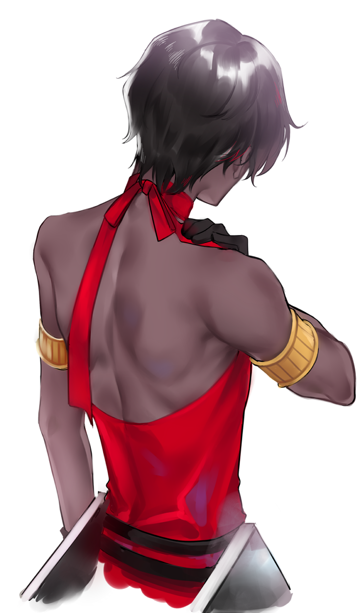 1boy arjuna_(fate/grand_order) armlet backless_dress backless_outfit bare_shoulders black_gloves black_hair dark_skin dress facing_away fate/grand_order fate_(series) from_behind gloves highres ichinosenen male_focus red_ribbon ribbon simple_background solo upper_body very_dark_skin white_background