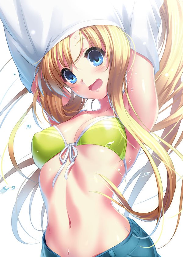 1girl air arms_up blonde_hair blue_eyes breasts commentary_request denim denim_shorts front-tie_top green_bikini_top kamio_misuzu long_hair medium_breasts navel open_mouth shorts simple_background solo undressing upper_body white_background zen