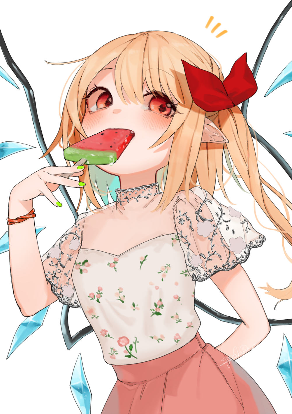 1girl alternate_costume arm_behind_back artist_name blonde_hair blue_hair blush bow commentary_request crystal eating eyebrows_visible_through_hair fang flandre_scarlet floral_print food food_in_mouth gotoh510 gradient_hair green_nails hair_between_eyes hair_bow hand_up highres holding holding_food looking_at_viewer multicolored_hair nail_polish no_hat no_headwear one_side_up pink_skirt pointy_ears popsicle red_bow red_eyes see-through_sleeves shirt short_sleeves sidelocks signature skirt solo touhou upper_body watermelon_bar white_shirt wings