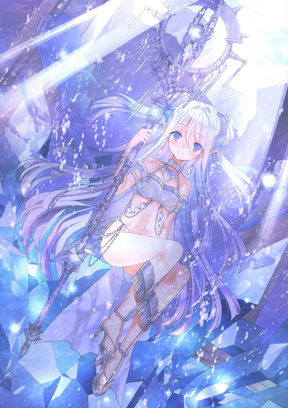 armlet bare_shoulders bikini blue blue_eyes crystal earrings high_heels highres holding holding_staff jewelry light_beam long_hair looking_at_viewer navel neck_ring original pointy_ears shiro_(aotatikoma) sitting smile staff swimsuit very_long_hair wand white_hair