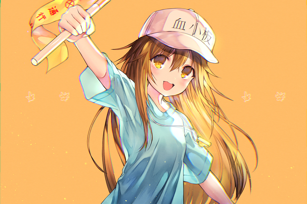 1girl :d arm_up bangs blue_shirt blush brown_hair character_name eyebrows_visible_through_hair flag flat_cap floating_hair hair_between_eyes hat hataraku_saibou holding holding_flag kh_(kh_1128) light_particles long_hair looking_at_viewer open_mouth orange_background orange_eyes outstretched_arm platelet_(hataraku_saibou) round_teeth shirt short_sleeves sidelocks simple_background smile solo standing tareme teeth upper_body upper_teeth whistle white_hat
