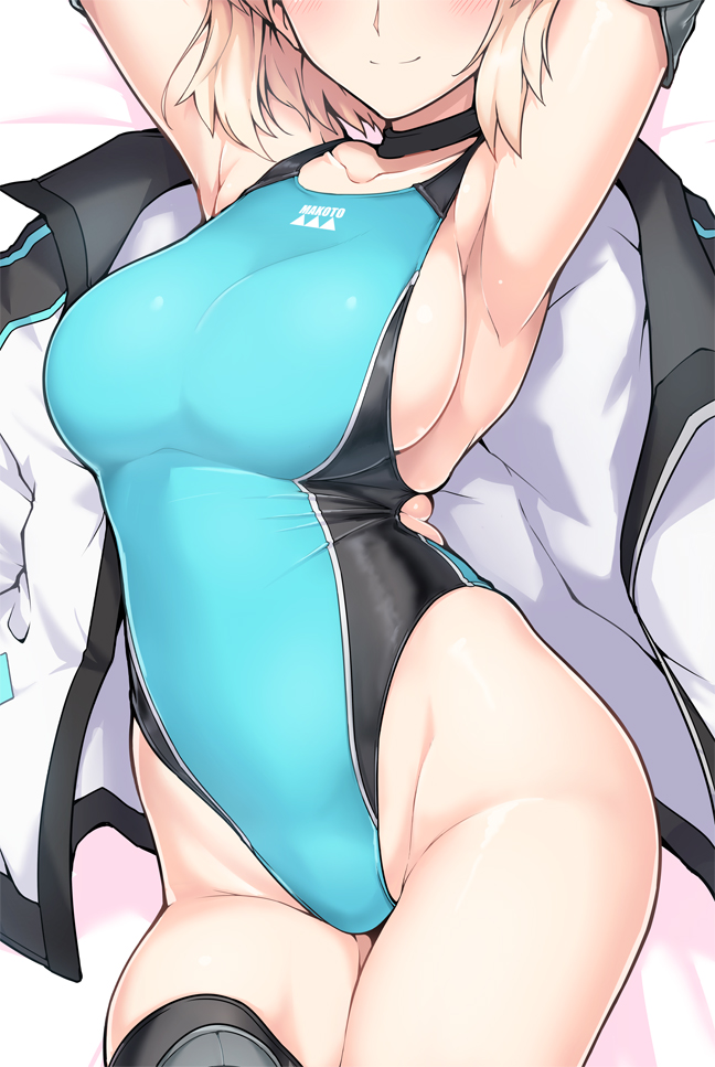 1girl armpits bare_shoulders black_choker black_legwear blonde_hair blue_swimsuit blush breasts choker closed_mouth contrapposto cowboy_shot dakimakura elbow_gloves facing_viewer fate/grand_order fate_(series) gloves hands_up harukon_(halcon) head_out_of_frame jacket jacket_removed large_breasts legs_together lying okita_souji_(fate) okita_souji_(fate)_(all) one-piece_swimsuit short_hair sideboob smile solo swimsuit thigh-highs white_jacket