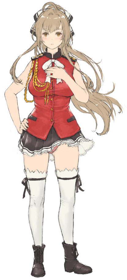 1girl ahoge amagi_brilliant_park bangs black_ribbon black_skirt boots brown_eyes brown_footwear frilled_skirt frills full_body gluteal_fold hair_ribbon hand_on_hip hand_on_own_chest iwauchi_tomoki jacket light_blush light_brown_hair long_hair looking_at_viewer panties pantyshot pantyshot_(standing) parted_lips pink_panties pleated_skirt red_jacket ribbon sento_isuzu skirt skirt_lift sleeveless solo standing thigh-highs underwear white_legwear wind wind_lift