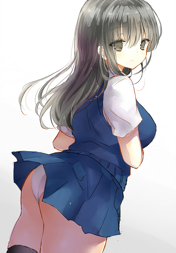 1girl ass black_eyes black_hair black_legwear blue_skirt breast_lift gradient hair_between_eyes long_hair looking_at_viewer looking_back original panties pantyshot pantyshot_(standing) school_uniform shiro_(aotatikoma) simple_background skirt solo standing sweater_vest thigh-highs underwear white_background