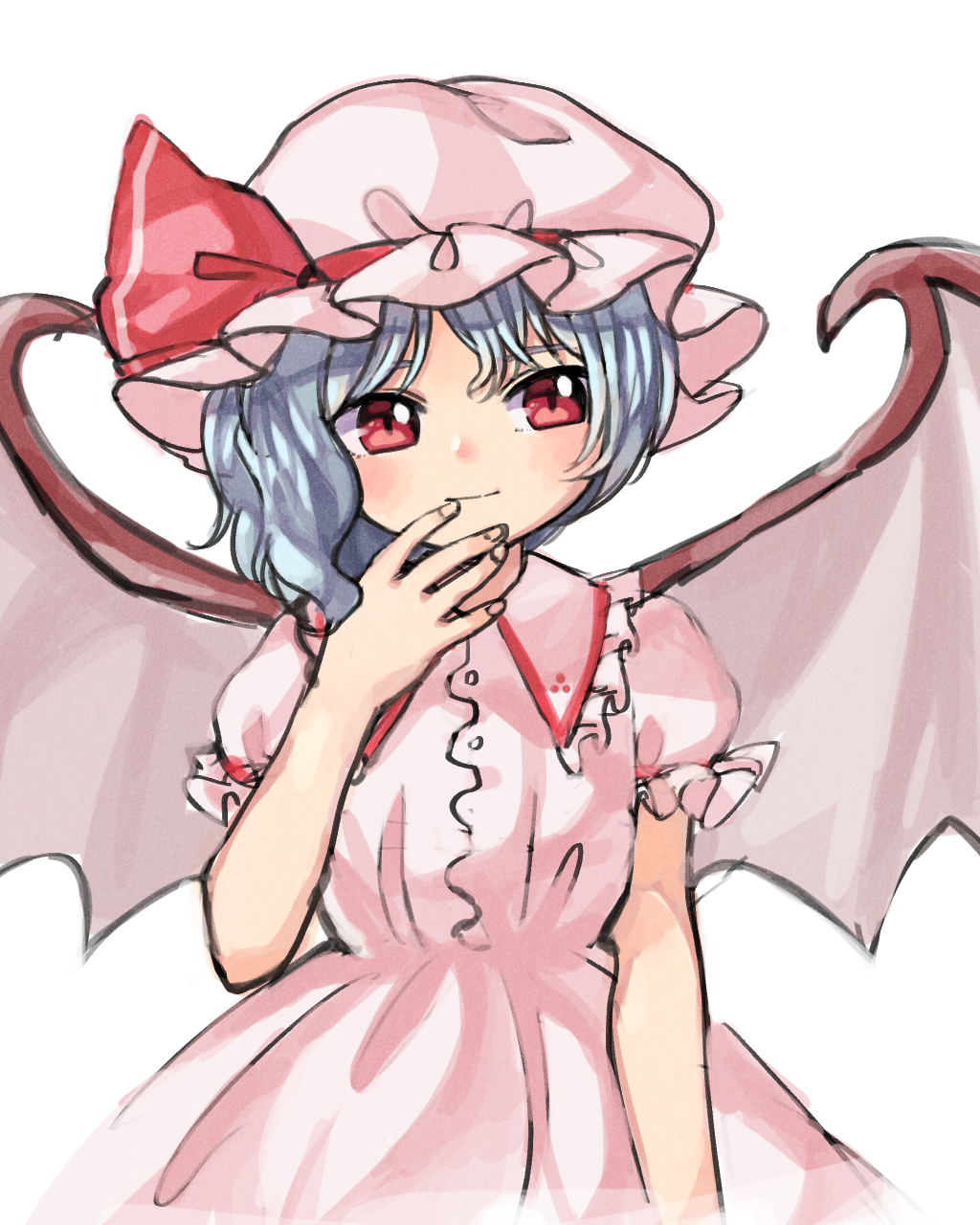 1girl bangs blue_hair blush closed_mouth commentary_request dress fingernails hand_up hat highres mob_cap pink_dress pink_hat puffy_short_sleeves puffy_sleeves red_eyes remilia_scarlet sasa_kichi short_hair short_sleeves simple_background smile solo touhou upper_body white_background wings