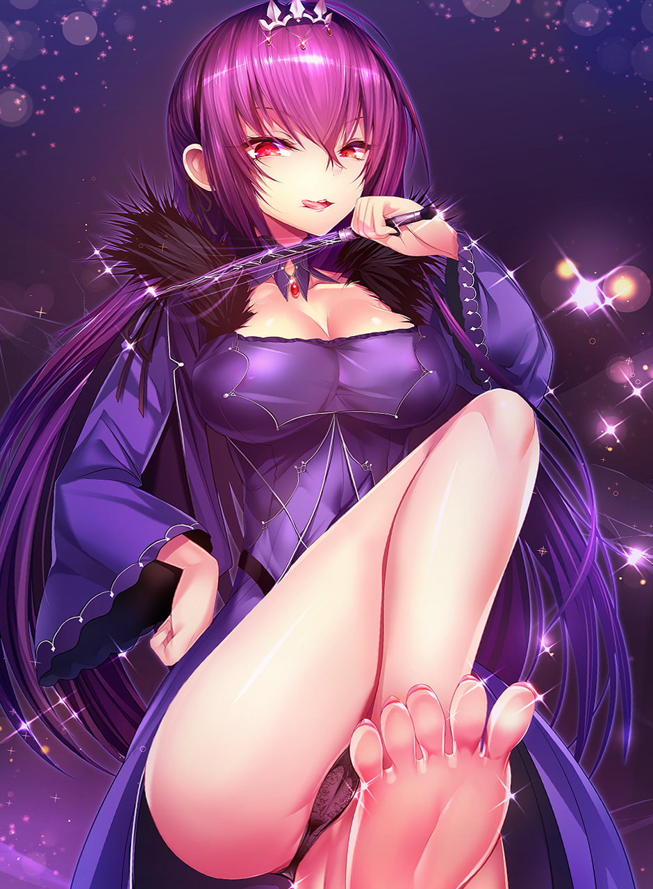 1girl bare_legs barefoot black_panties breasts cleavage cowboy_shot dress fate/grand_order fate_(series) hand_on_hip highres holding holding_wand large_breasts light_particles long_hair looking_at_viewer panties purple purple_background purple_dress purple_hair red_eyes scathach_skadi_(fate/grand_order) silly_(marinkomoe) solo sparkle toes tongue underwear upskirt wand
