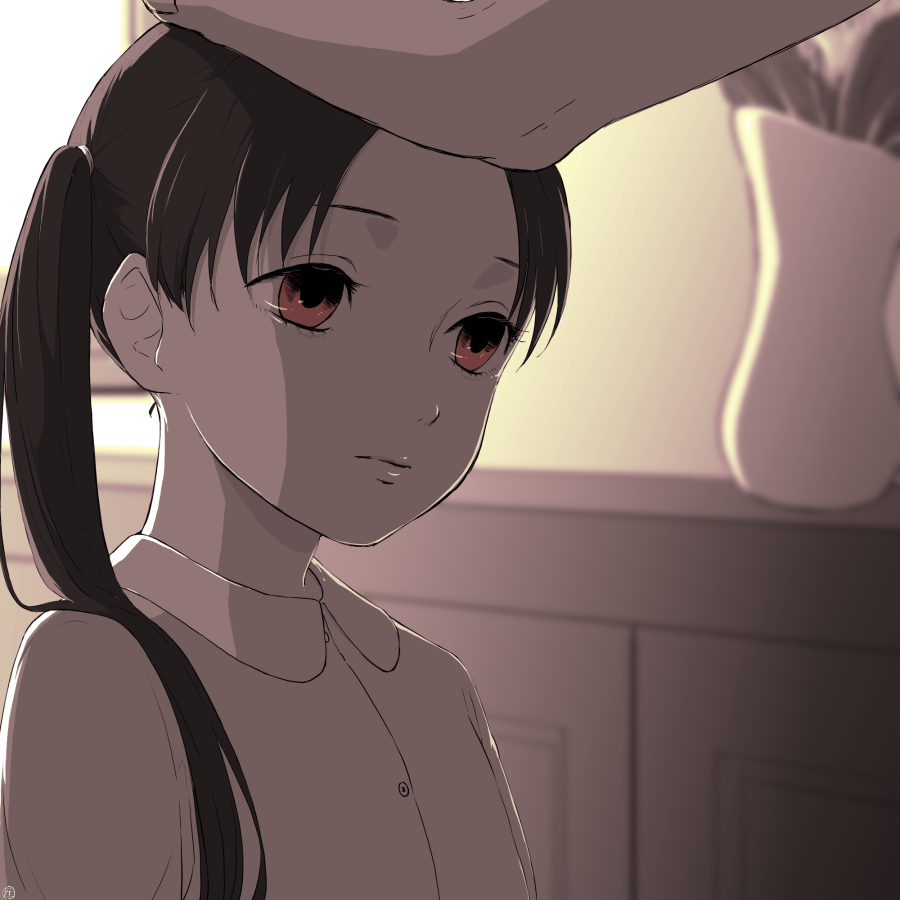 1girl alternate_costume ayanami_(kantai_collection) bangs buttons cabinet closed_mouth collared_shirt flower hair_over_shoulder hand_on_another's_head indoors kantai_collection long_hair monochrome parted_bangs petting red_eyes shirt side_ponytail signature spot_color upper_body vase zabuton_dorobou
