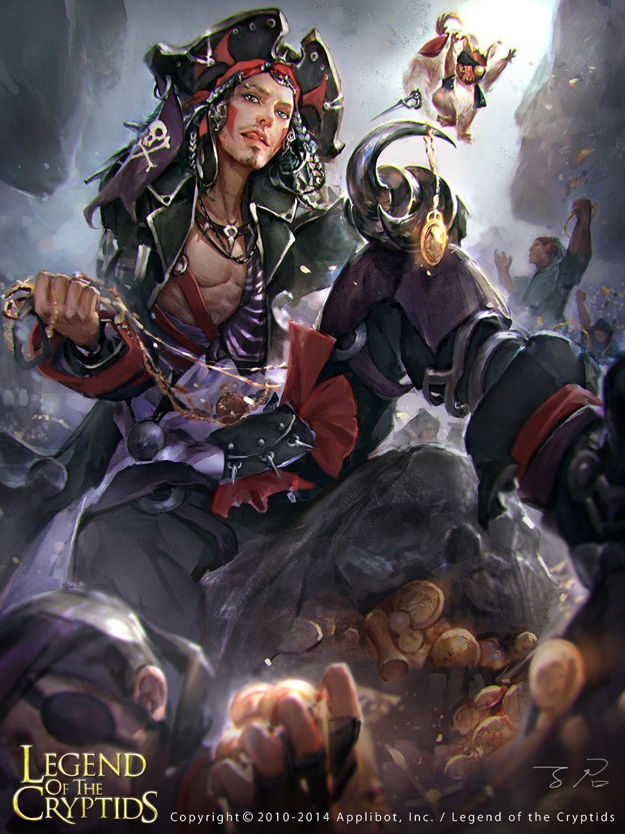 1boy abs artist_name beard blue_eyes boots coin copyright_name dagger eyepatch faceless faceless_male facial_hair gun hat highres jewelry legend_of_the_cryptids long_hair male_focus mustache necklace official_art pirate pirate_hat solo squirrel sword teeth tongue tongue_out weapon white_hair zinnadu