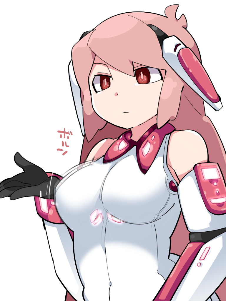 1girl :| bare_shoulders black_gloves bodysuit bouncing_breasts breasts bright_pupils closed_mouth covered_navel elbow_gloves expressionless gloves hammer_(sunset_beach) headgear large_breasts long_hair onomatopoeia original pink_hair red_eyes robot_ears simple_background solo upper_body white_background