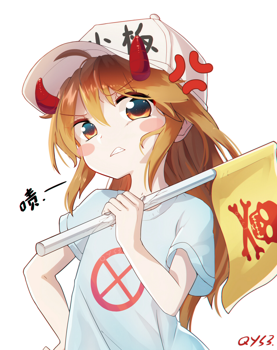 1girl anger_vein bai_yemeng bangs blue_shirt blush_stickers brown_eyes brown_hair character_name chinese clenched_teeth clothes_writing commentary_request curled_horns demon_girl demon_horns eyebrows_visible_through_hair flag flat_cap grey_hat hair_between_eyes hand_up hat hataraku_saibou head_tilt highres holding holding_flag horns long_hair looking_at_viewer platelet_(hataraku_saibou) shirt short_sleeves simple_background skull_and_crossbones solo teeth translation_request very_long_hair white_background
