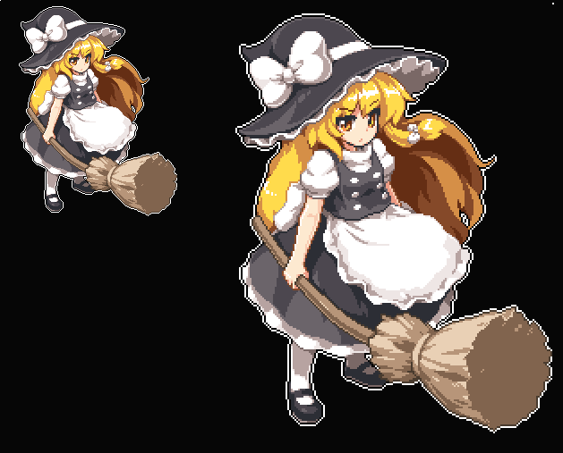 1girl apron black_dress black_footwear blonde_hair bow braid broom buttons dress frilled_dress frills hair_bow hat hat_bow kirisame_marisa long_hair looking_at_viewer mary_janes pixel_art shoes short_sleeves simple_background socks solo takorin touhou waist_apron white_bow white_legwear witch_hat yellow_eyes