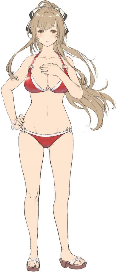 1girl ahoge amagi_brilliant_park bangs bare_arms bare_legs bare_shoulders bikini breasts brown_eyes brown_footwear full_body gluteal_fold hair_ribbon hand_on_hip hand_on_own_chest iwauchi_tomoki large_breasts light_blush light_brown_hair long_hair looking_at_viewer parted_lips red_bikini ribbon sandals sento_isuzu solo standing swimsuit wristband