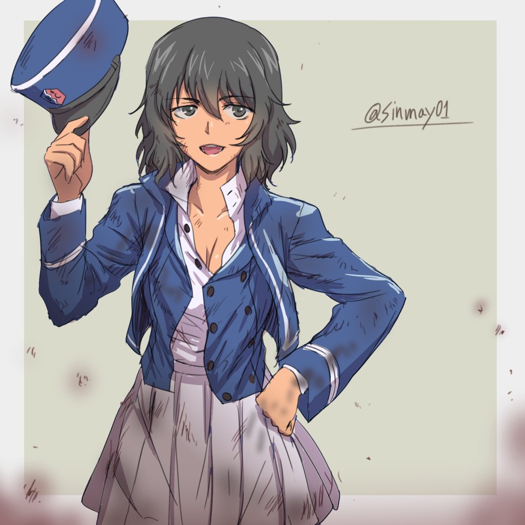 1girl andou_(girls_und_panzer) bangs bc_freedom_(emblem) bc_freedom_military_uniform black_hair blue_hat blue_jacket blue_vest brown_eyes commentary cowboy_shot dark_skin dirty dirty_clothes dress_shirt emblem eyebrows_visible_through_hair girls_und_panzer hand_holding hand_on_hip hat hat_removed headwear_removed high_collar jacket long_sleeves looking_at_viewer medium_hair messy_hair military military_hat military_uniform miniskirt open_clothes open_mouth open_shirt open_vest outside_border pleated_skirt shako_cap shinmai_(kyata) shirt skirt smile solo standing twitter_username unbuttoned unbuttoned_shirt uniform vest white_shirt white_skirt