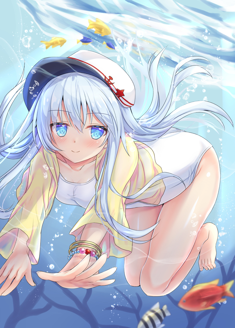 1girl blue_eyes blush breasts closed_mouth eyebrows_visible_through_hair fish hair_between_eyes hat hibiki_(kantai_collection) kantai_collection looking_at_viewer nagare_yoshimi peaked_cap sailor_hat school_swimsuit silver_hair small_breasts smile solo swimsuit thighs underwater verniy_(kantai_collection) white_school_swimsuit white_swimsuit