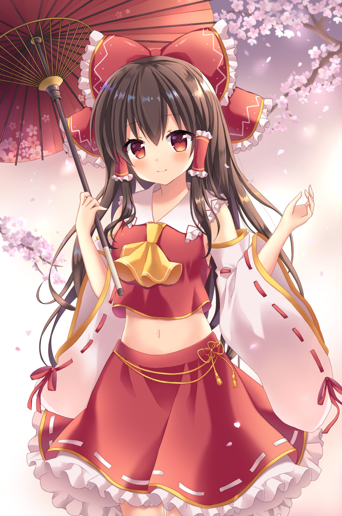 1girl ascot bare_shoulders blush bow branch brown_hair cherry_blossoms commentary_request cowboy_shot crop_top detached_sleeves eyebrows_visible_through_hair frilled_bow frilled_shirt_collar frills gradient gradient_background hair_between_eyes hair_bow hair_tubes hakurei_reimu holding holding_umbrella long_hair long_sleeves looking_at_viewer mayo_(miyusa) midriff navel oriental_umbrella petals petticoat pink_background purple_background red_bow red_eyes red_skirt red_umbrella ribbon-trimmed_skirt ribbon-trimmed_sleeves ribbon_trim sidelocks skirt smile solo standing stomach touhou umbrella white_background wide_sleeves yellow_neckwear