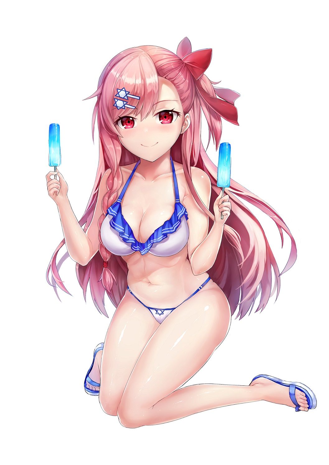 1girl alternate_costume armpit_crease bangs bikini blue_footwear blush bow braid breasts cleavage closed_mouth eyao eyebrows_visible_through_hair food girls_frontline hair_between_eyes hair_bow hair_ornament hair_ribbon hairclip hexagram highres holding holding_food israel_flag_bikini kneeling large_breasts long_hair looking_at_viewer navel negev_(girls_frontline) one_side_up pink_hair popsicle red_bow red_eyes ribbon sandals shiny shiny_skin side_braid simple_background skindentation smile solo star_of_david stomach swimsuit thighs white_background
