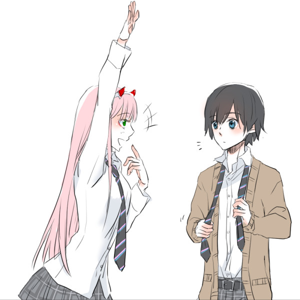 1boy 1girl bangs beige_blazer belt black_belt black_hair black_neckwear blazer blue_eyes breasts collared_shirt commentary_request couple darling_in_the_franxx eyebrows_visible_through_hair green_eyes grey_pants grey_shirt grey_skirt hair_ornament hairband hand_up hetero hiro_(darling_in_the_franxx) horns jacket long_hair long_sleeves looking_at_another medium_breasts necktie oni_horns open_blazer open_clothes open_jacket open_mouth panties pants pink_hair plaid plaid_pants plaid_skirt red_horns sakuragouti school_uniform shirt short_hair skirt striped striped_neckwear underwear white_hairband white_shirt wing_collar zero_two_(darling_in_the_franxx)