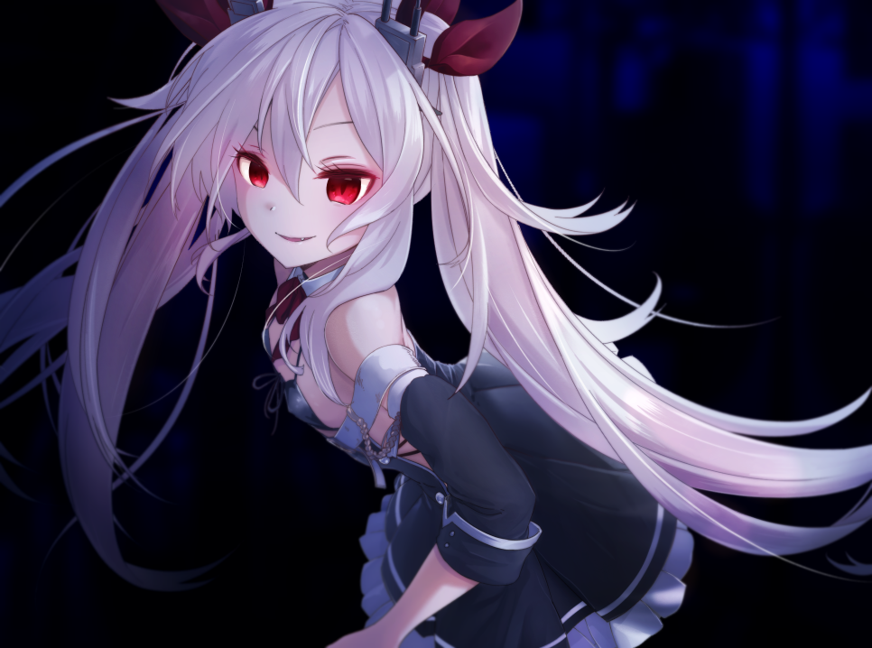 1girl azur_lane bangs bare_shoulders bikini_top black_bikini_top black_dress blush bow commentary_request detached_sleeves dress fang front-tie_bikini front-tie_top hair_between_eyes hair_ribbon leaning_forward long_hair long_sleeves looking_at_viewer looking_to_the_side parted_lips pleated_dress red_bow red_eyes red_ribbon ribbon silver_hair smile solo sumi_(kjtd2458) twintails v-shaped_eyebrows vampire_(azur_lane) very_long_hair