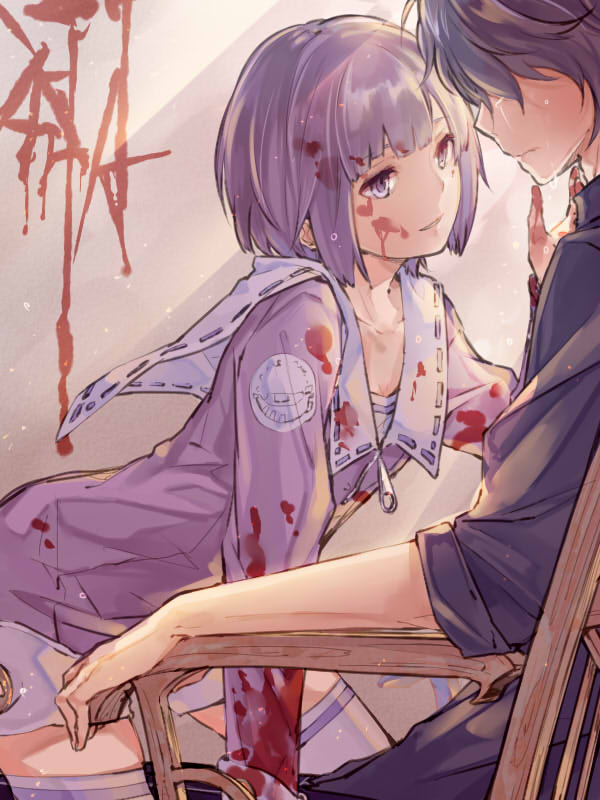 1boy 1girl bangs blood blood_on_face bloody_clothes bob_cut brother_and_sister chair commentary_request crying elysion frater kuusou_ryodan purple_hair purple_legwear short_hair siblings sitting smile soror sound_horizon thigh-highs violet_eyes zettai_ryouiki zipper