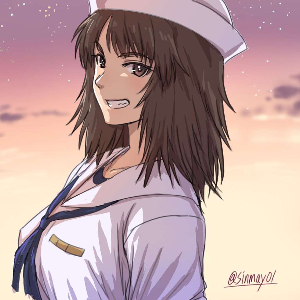 1girl bangs black_eyes black_hair blouse clouds cloudy_sky commentary_request dixie_cup_hat eyebrows_visible_through_hair from_side girls_und_panzer grin hat long_hair long_sleeves looking_at_viewer military_hat murakami_(girls_und_panzer) navy_blue_neckwear ooarai_naval_school_uniform sailor sailor_collar school_uniform shinmai_(kyata) sky smile solo standing star_(sky) starry_sky twilight twitter_username white_blouse white_hat