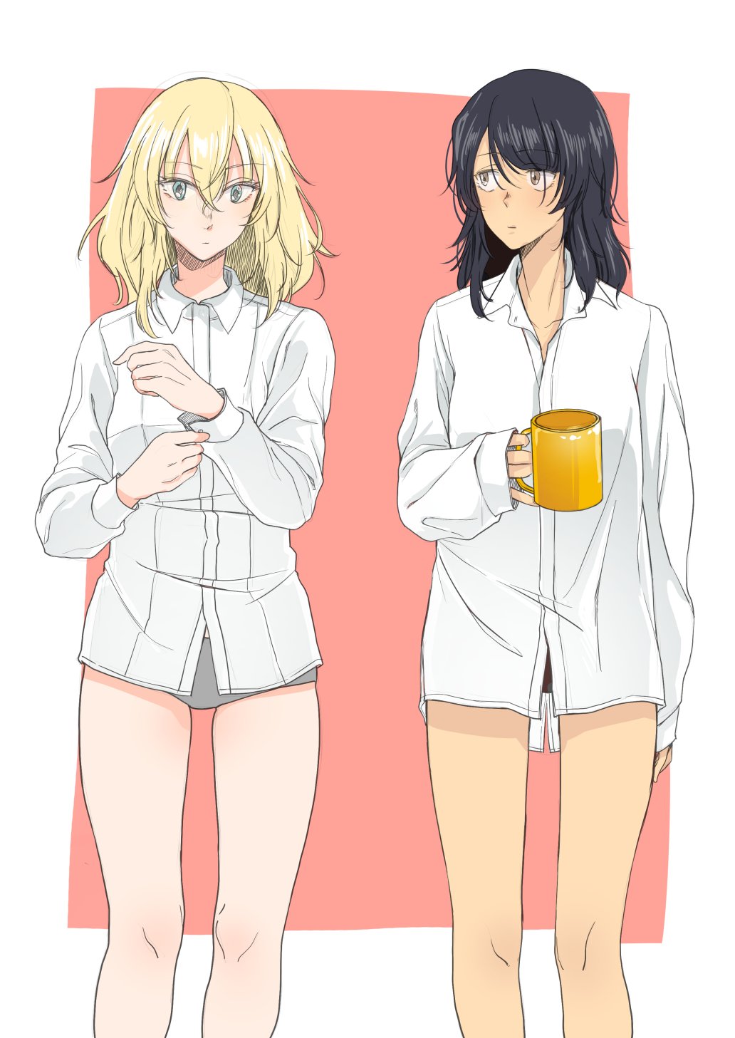 2girls adjusting_shirt andou_(girls_und_panzer) bangs black_hair black_panties brown_eyes closed_mouth commentary cowboy_shot cup dark_skin dress_shirt eyebrows_visible_through_hair girls_und_panzer grey_panties highres holding holding_cup kani_aruki_(bucket_crawl) long_sleeves looking_at_another looking_at_viewer medium_hair messy_hair mug multiple_girls no_pants oshida_(girls_und_panzer) outside_border panties shirt standing unbuttoned underwear white_shirt