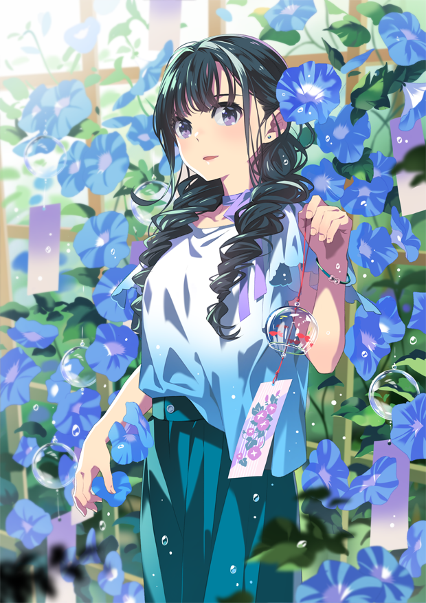 1girl bangs bf._(sogogiching) black_eyes blue_flower blue_skirt braid choker commentary_request earrings floral_print flower hair_over_shoulder holding jewelry long_hair long_skirt looking_at_viewer morning_glory original outdoors parted_lips purple_ribbon ribbon ribbon_choker shirt short_sleeves skirt smile solo twin_braids water_drop white_shirt wind_chime