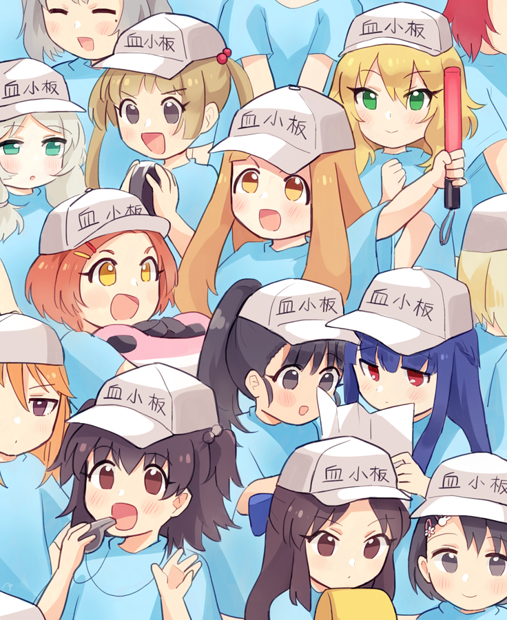 6+girls akagi_miria amy30535 bag baseball_cap black_hair blonde_hair blue_hair brown_hair character_request clothes_writing cosplay flag fukuyama_mai green_eyes hair_between_eyes hair_ornament hairclip hat hataraku_saibou holding holding_flag ichihara_nina idolmaster idolmaster_cinderella_girls long_hair looking_at_viewer multiple_girls open_mouth platelet_(hataraku_saibou) platelet_(hataraku_saibou)_(cosplay) ponytail red_eyes ryuuzaki_kaoru sakurai_momoka sasaki_chie shirt short_hair silver_hair tachibana_arisu translated twintails white_hat