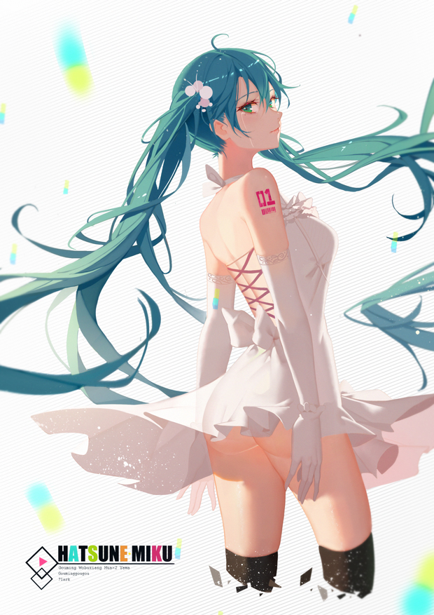1girl aqua_hair ass backless_dress backless_outfit black_legwear character_name cropped_legs crying crying_with_eyes_open dress elbow_gloves floating_hair gloves green_eyes hair_between_eyes hair_ornament halterneck hatsune_miku long_hair see-through_silhouette short_dress sleeveless sleeveless_dress solo soulkiller standing striped striped_background tears thigh-highs twintails very_long_hair vocaloid white_dress white_gloves