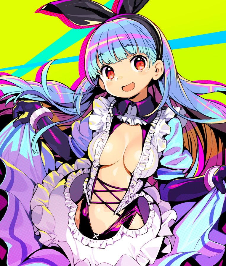 1girl :d alternate_costume bangs black_gloves black_hairband blue_hair blunt_bangs blush bow breasts commentary_request dress elbow_gloves eyebrows_visible_through_hair frilled_dress frills gloves hair_bow hairband headband kula_diamond large_breasts long_hair looking_at_viewer navel open_mouth red_eyes shunin smile solo the_king_of_fighters